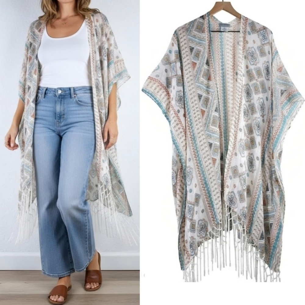 Lake Shore Drive Boho Tassel Ethnic Kimono Kaftan Duster Topper Wrap Shrug